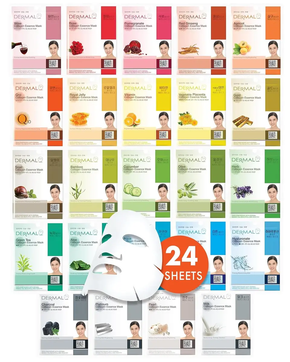 DERMAL 24 Combo Korean Essence Sheet Mask Variety Pack, Collagen & More | 24 Masks (552ml) - main product image