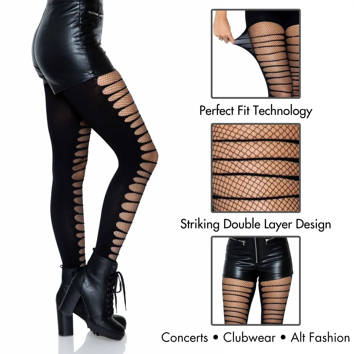 Leg Avenue Dark Alternative Fishnet Tights One Size | Edgy Ripped Pattern with High Waist Fit - view 2