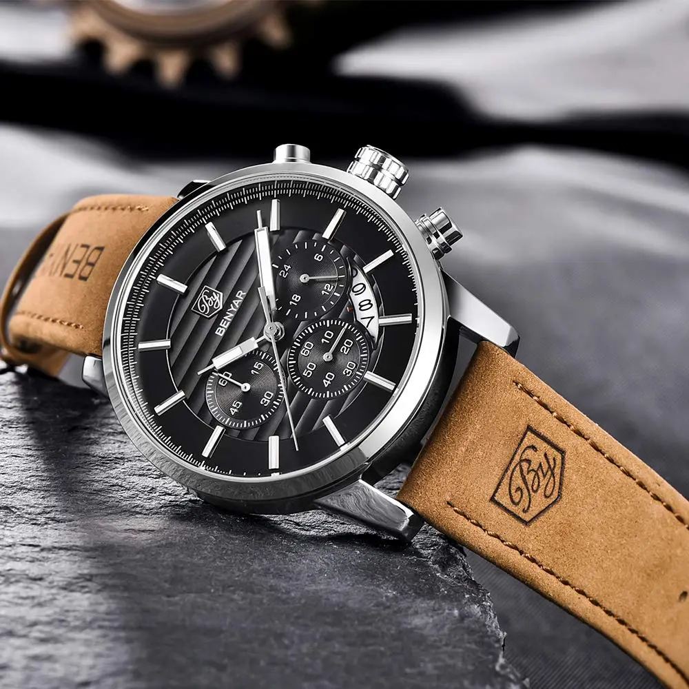 BY BENYAR Men's Chronograph Watch 44mm (1.73 inch) | Analog Quartz with Leather Strap - view 5