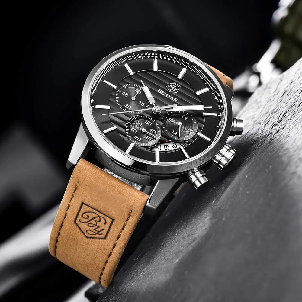BY BENYAR Men's Chronograph Watch 44mm (1.73 inch) | Analog Quartz with Leather Strap - view 6