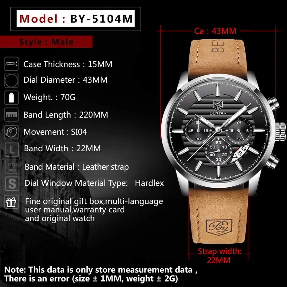 BY BENYAR Men's Chronograph Watch 44mm (1.73 inch) | Analog Quartz with Leather Strap - view 7