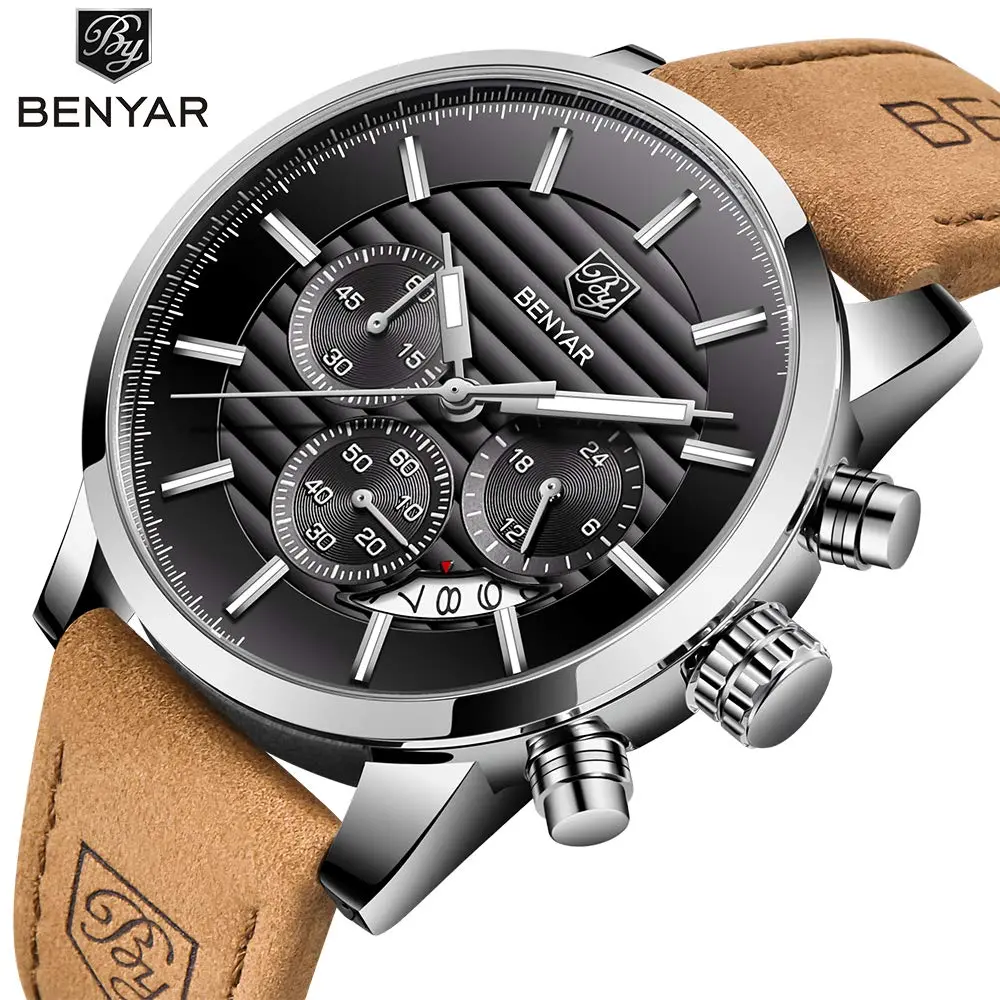 BY BENYAR Men's Chronograph Watch 44mm (1.73 inch) | Analog Quartz with Leather Strap - view 2