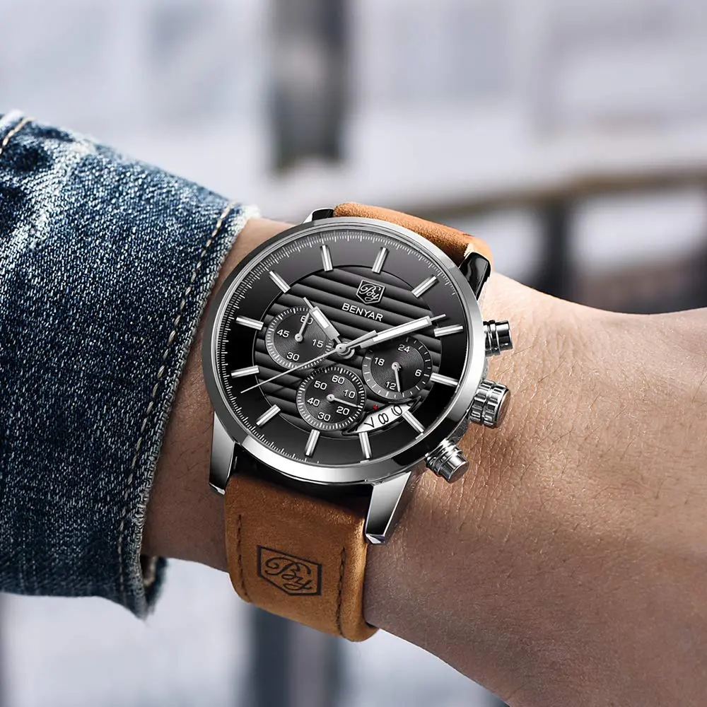 BY BENYAR Men's Chronograph Watch 44mm (1.73 inch) | Analog Quartz with Leather Strap - view 3