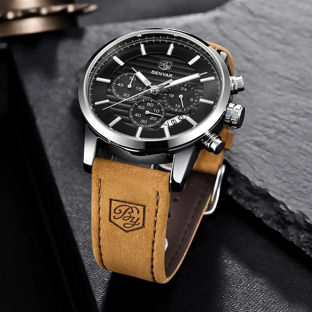 BY BENYAR Men's Chronograph Watch 44mm (1.73 inch) | Analog Quartz with Leather Strap - view 4