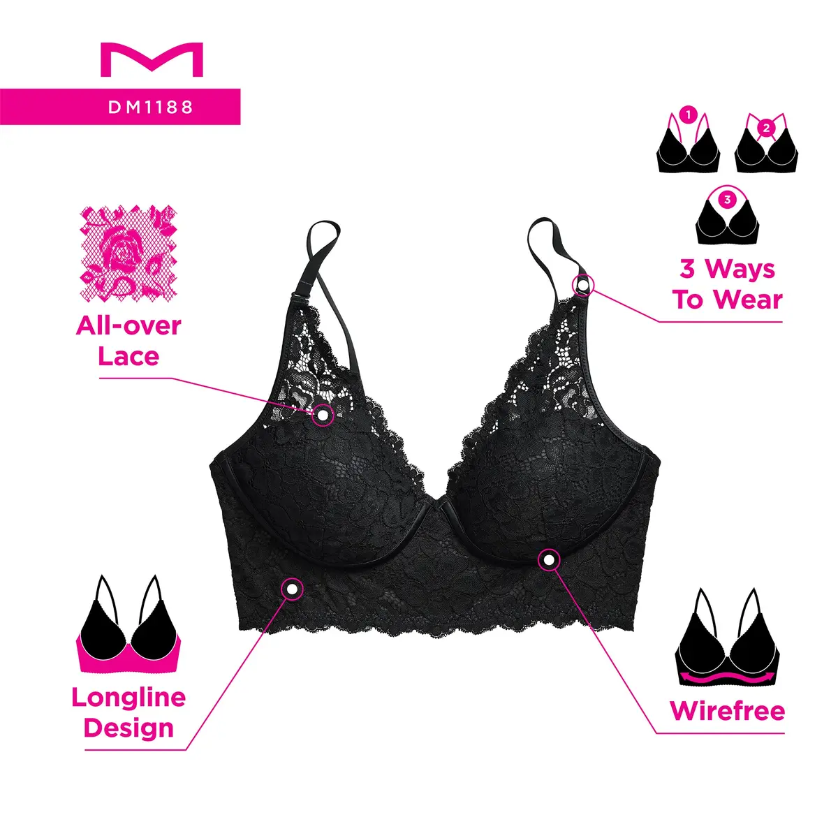 Maidenform Womens Wireless Longline Lace Bralette 40B | Comfortable, Convertible & Supportive - view 6