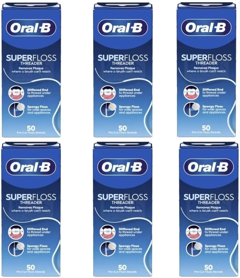 Oral-B Super Floss Mint Dental Floss 300 Strands (Pack of 6) | Three-in-One Design for Braces & Bridges - main product image