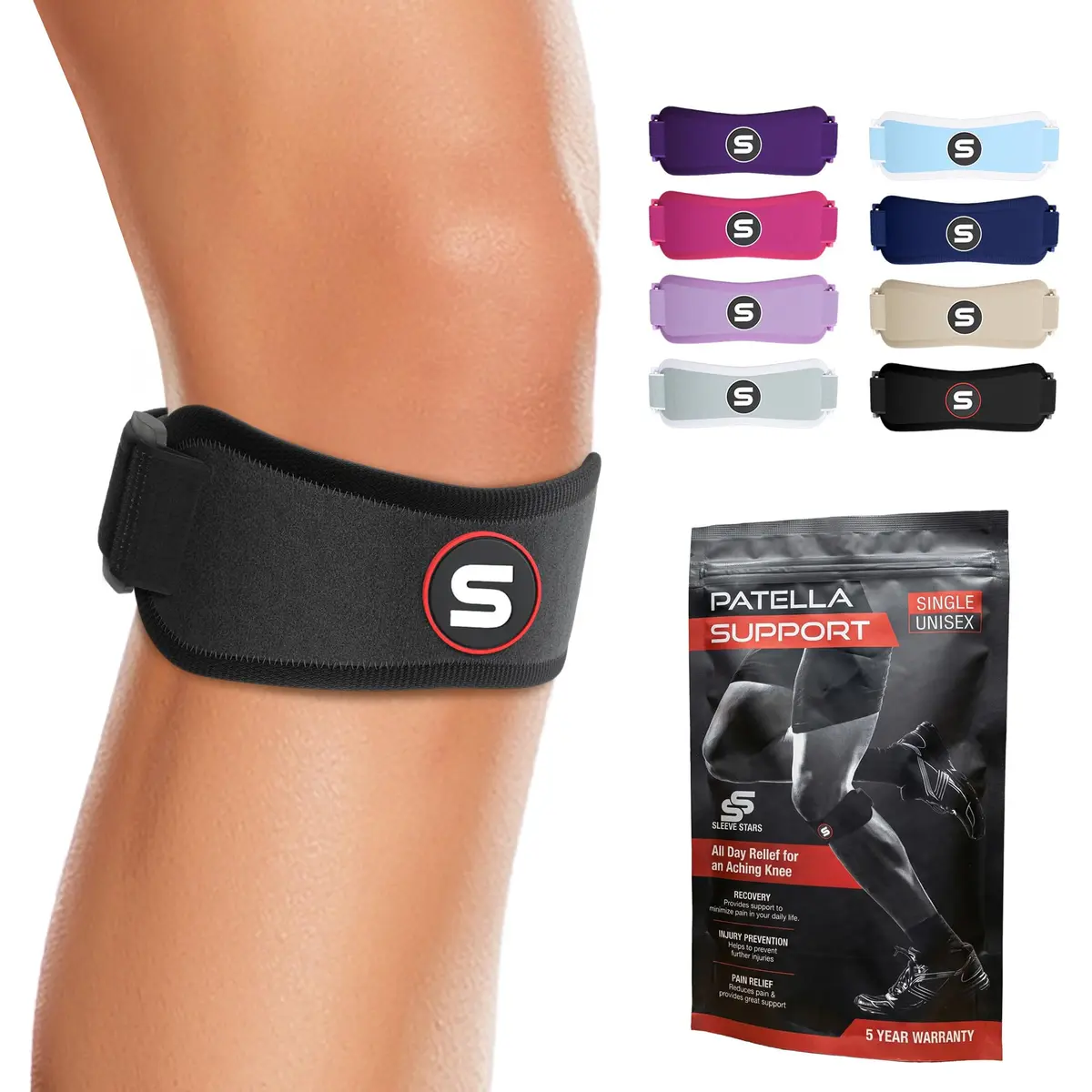 Sleeve Stars Patellar Tendon Support Strap Osgood Schlatter Knee Brace for Youth, Women & Men, Black | Adjustable Fit for Pain Relief - main product image