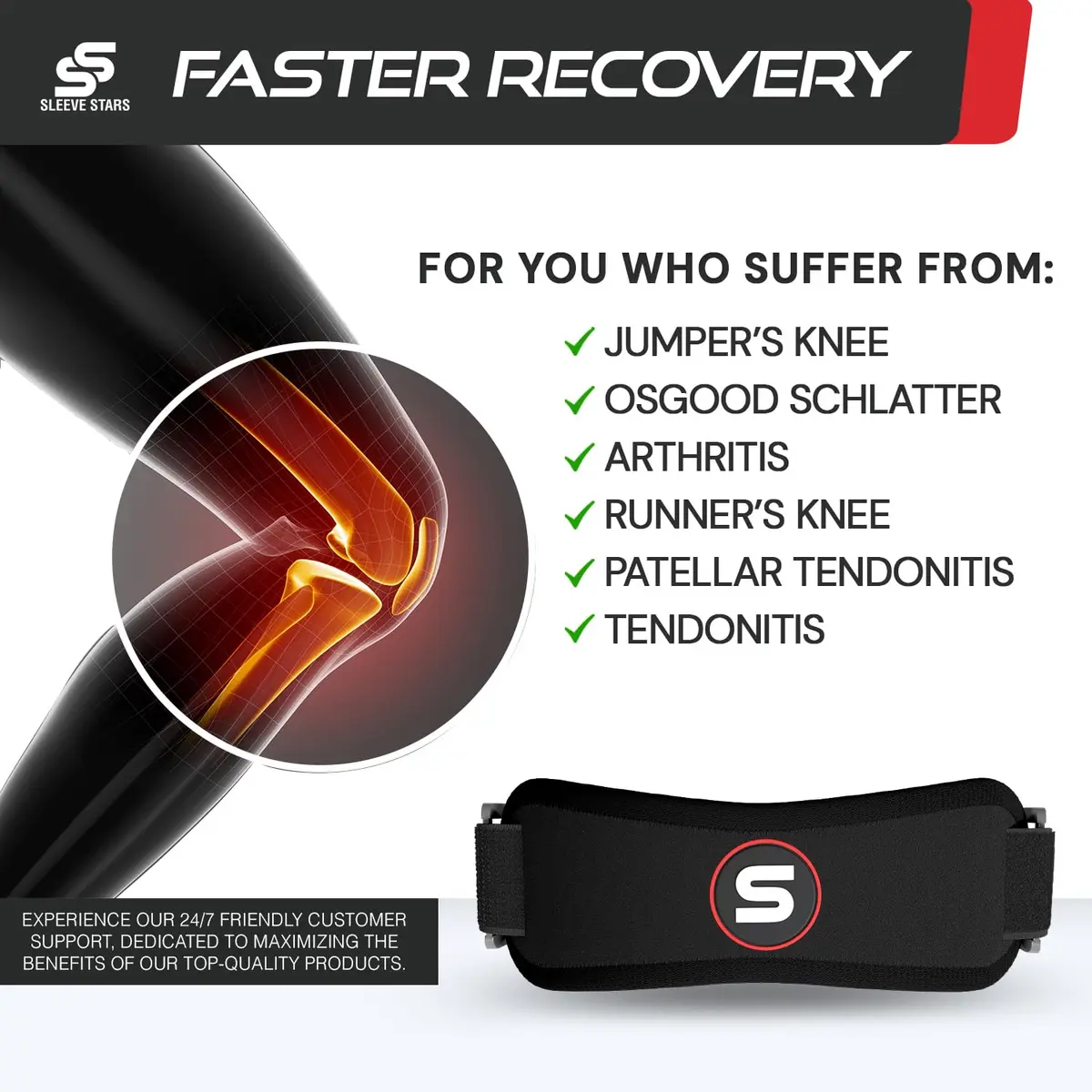 Sleeve Stars Patellar Tendon Support Strap Osgood Schlatter Knee Brace for Youth, Women & Men, Black | Adjustable Fit for Pain Relief - view 2