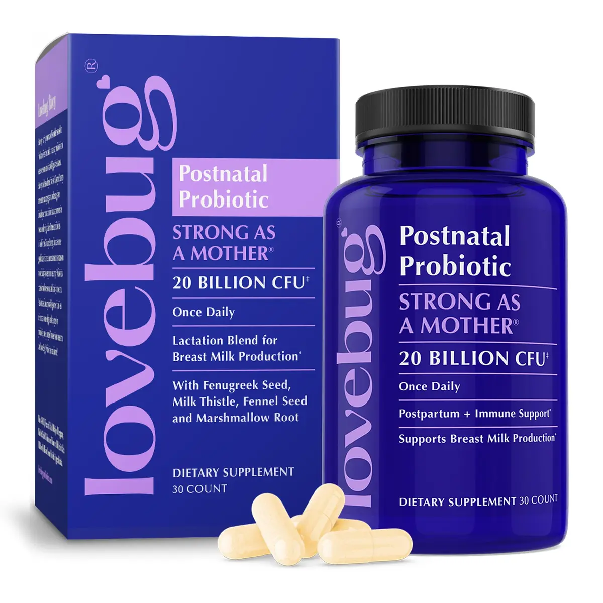 LOVEBUG Postnatal Probiotic & Lactation Blend for Breastfeeding, 30 Count | Supports Milk Supply & Gut Health - main product image