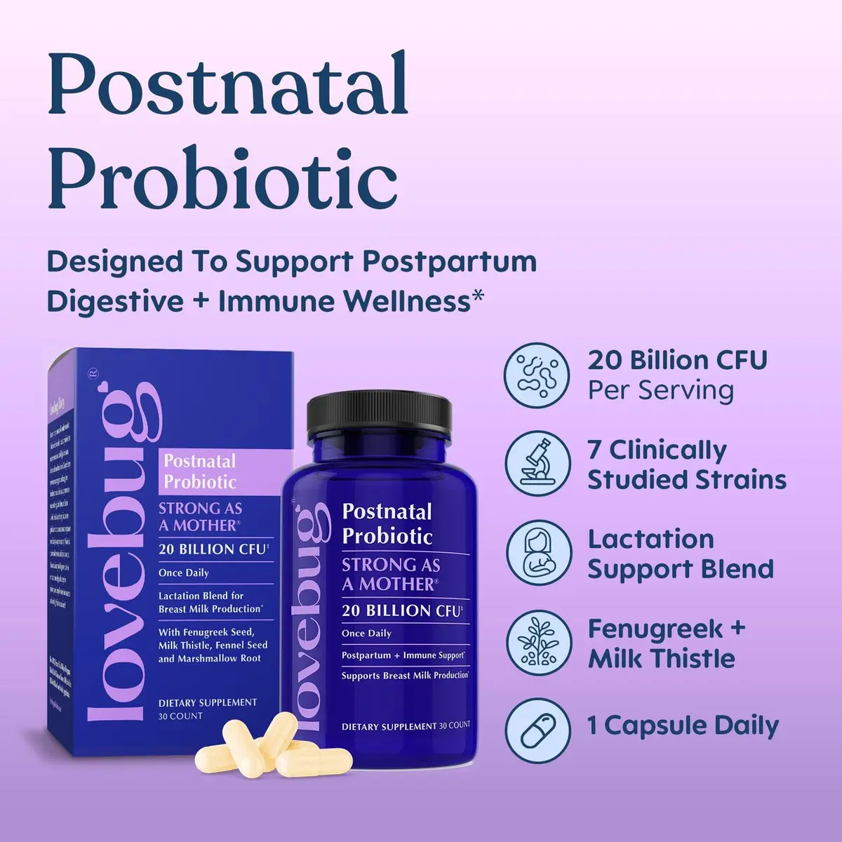 LOVEBUG Postnatal Probiotic & Lactation Blend for Breastfeeding, 30 Count | Supports Milk Supply & Gut Health - view 2