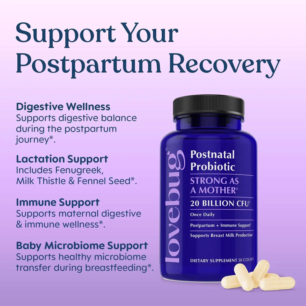 LOVEBUG Postnatal Probiotic & Lactation Blend for Breastfeeding, 30 Count | Supports Milk Supply & Gut Health - view 3