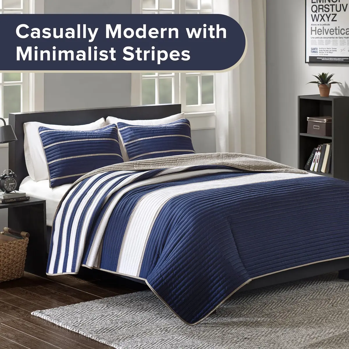 Comfort Spaces Striped Blue Queen Quilt Set Lightweight Kids Coverlet, 3pc | Modern Stripe Pattern for All Seasons - view 2