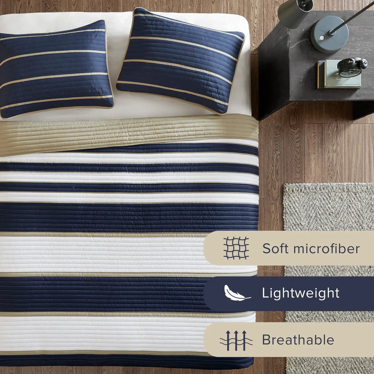 Comfort Spaces Striped Blue Queen Quilt Set Lightweight Kids Coverlet, 3pc | Modern Stripe Pattern for All Seasons - view 3