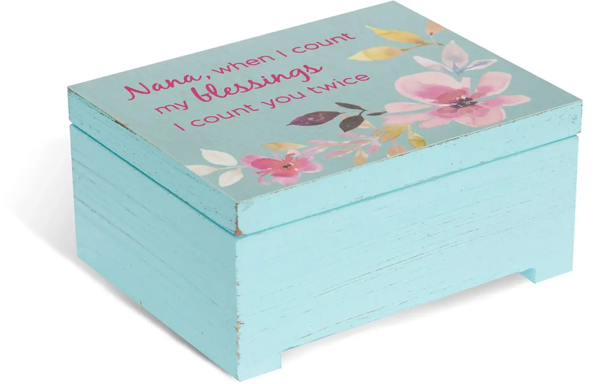 Pavilion Gift Company Nana, When I Count My Blessings I Count You Twice Blue Floral Jewelry Box | Decorative Box for Home Décor - main product image