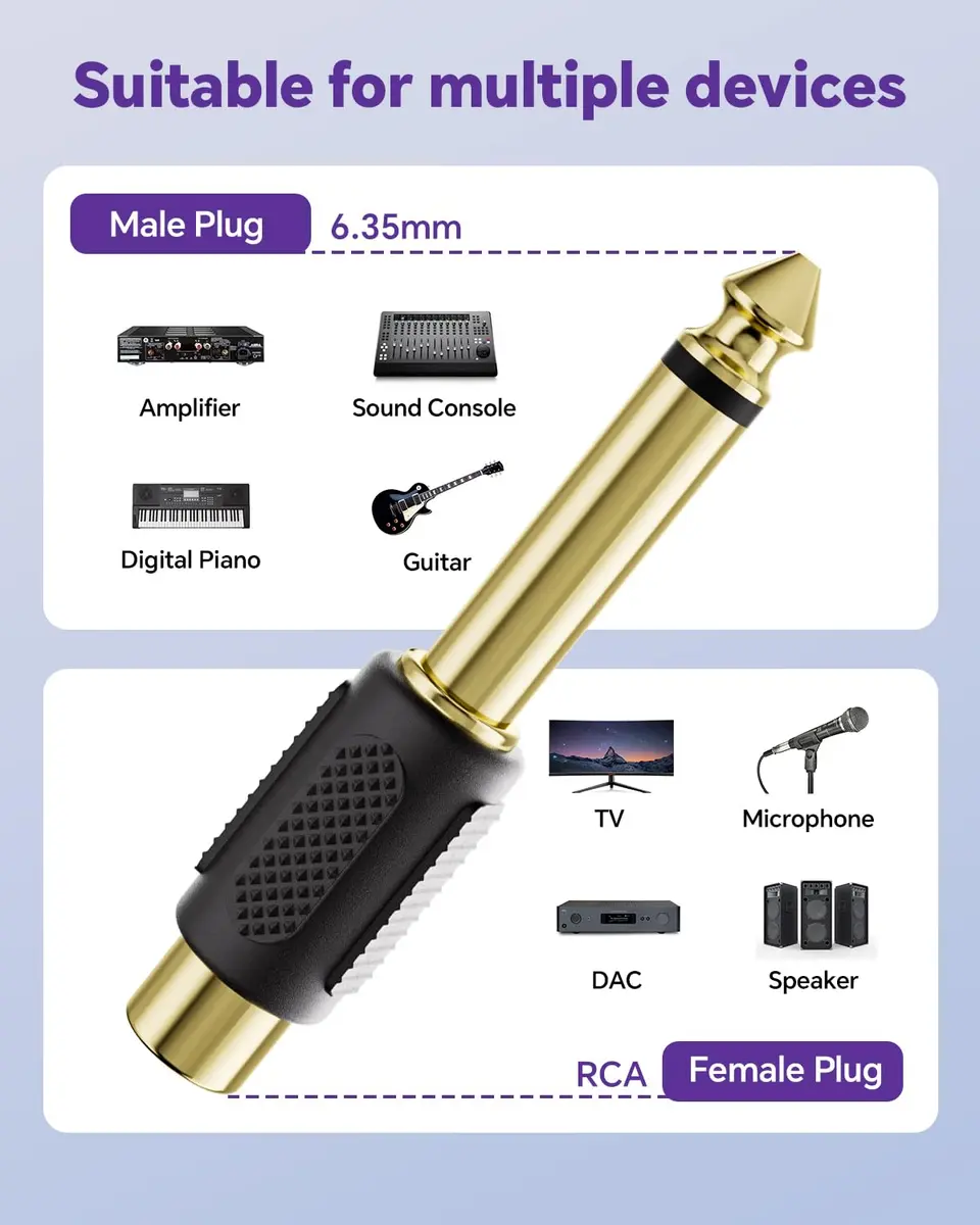 VCE RCA Female to 6.35mm Mono Male Audio Adapter Converter, Black, 6-Pack | Connect Audio Devices Seamlessly - view 4