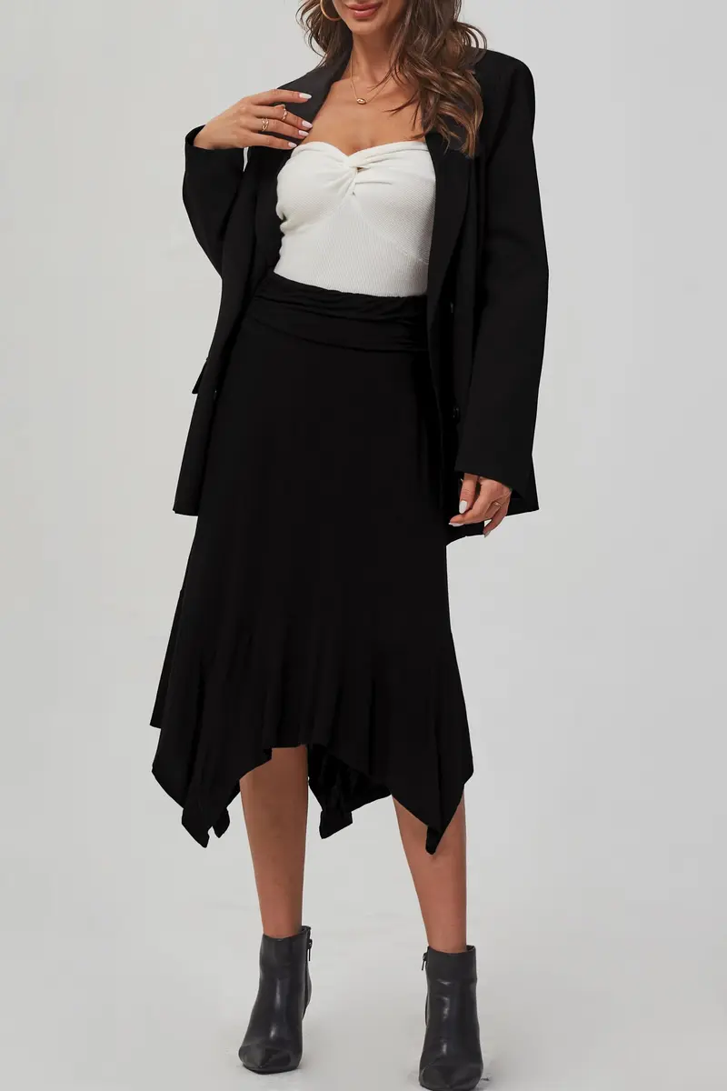 DJT Women's Flowy Handkerchief Hemline Midi Skirt Medium Black | Breathable Rayon & Spandex, Flattering Fit, Perfect for Summer & Autumn - view 7