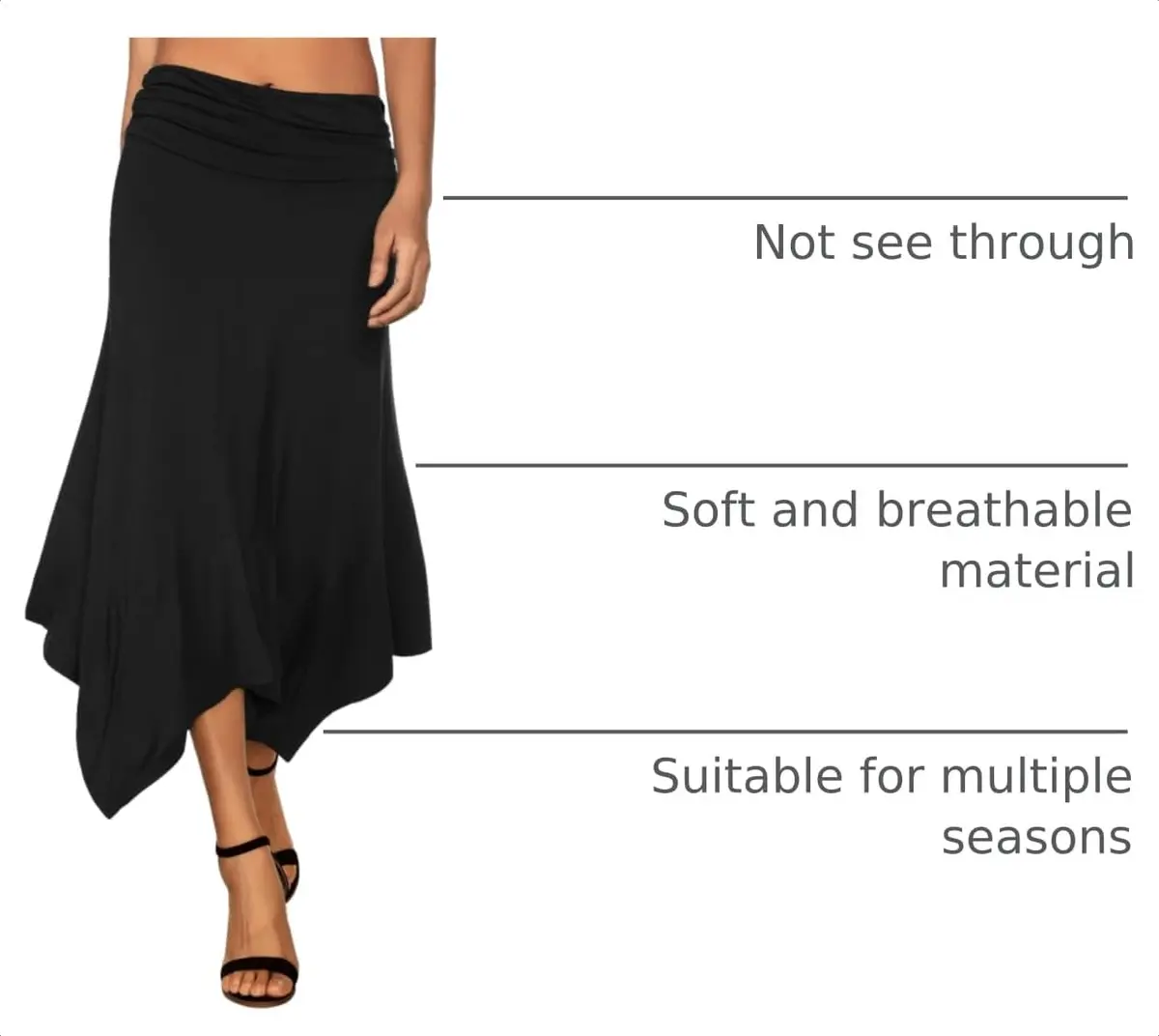DJT Women's Flowy Handkerchief Hemline Midi Skirt Medium Black | Breathable Rayon & Spandex, Flattering Fit, Perfect for Summer & Autumn - view 4