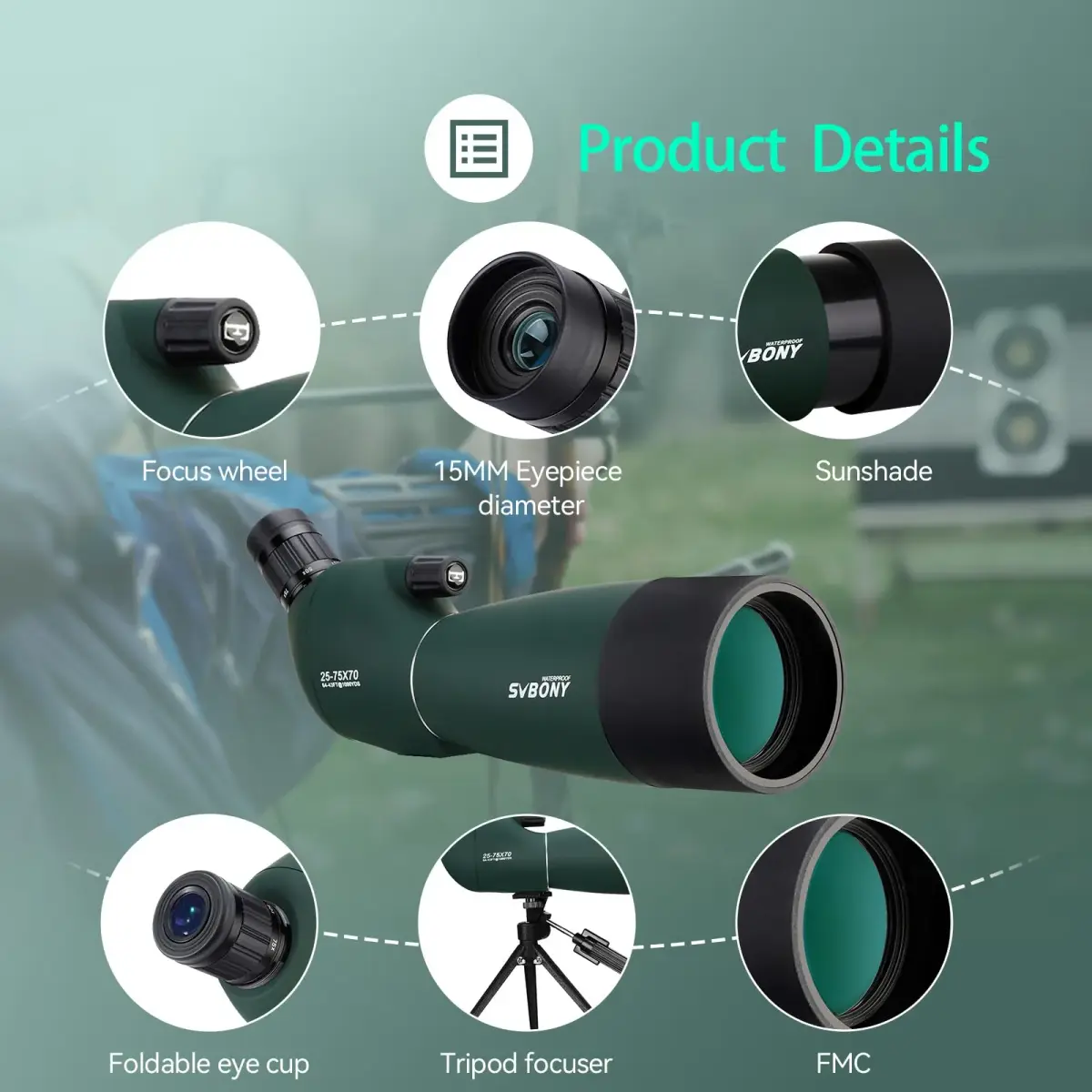 SVBONY SV28 Angled Spotting Scope 25-75x70mm with Tripod & Phone Adapter | Target Shooting Optics - view 8