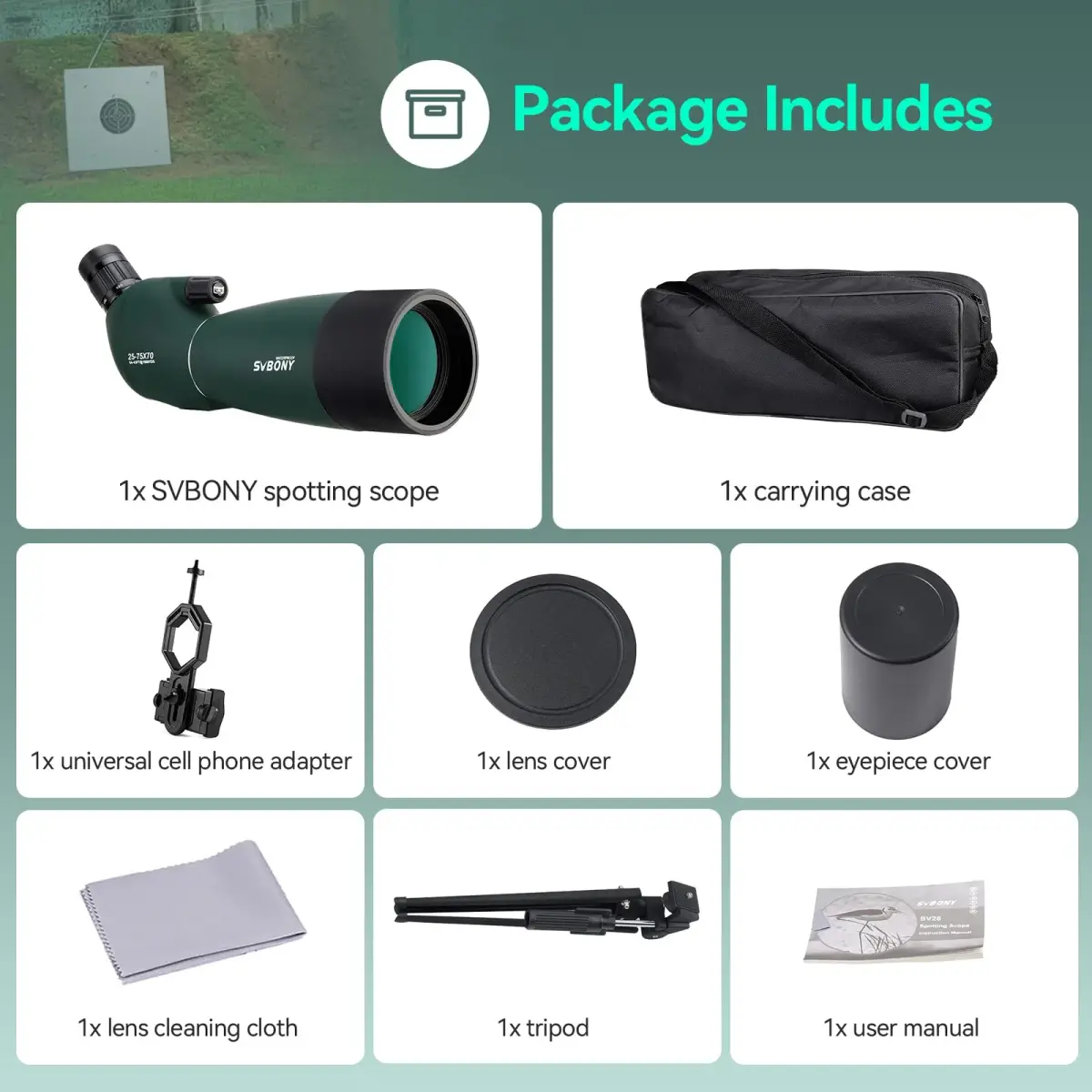 SVBONY SV28 Angled Spotting Scope 25-75x70mm with Tripod & Phone Adapter | Target Shooting Optics - view 9