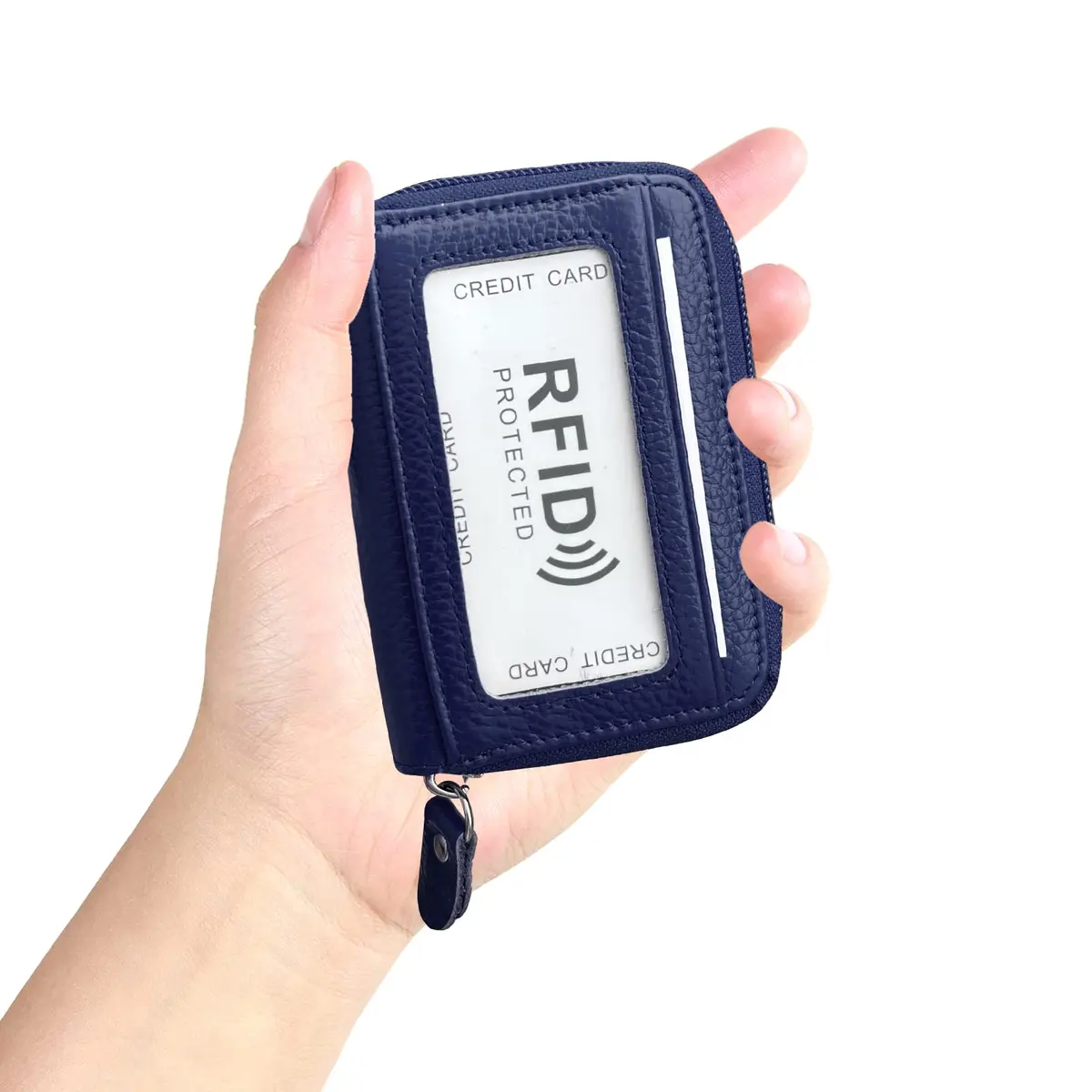 ZHOMA RFID Blocking Genuine Leather Credit Card Holder Wallet - Navy Blue | 11 Card Slots - view 5