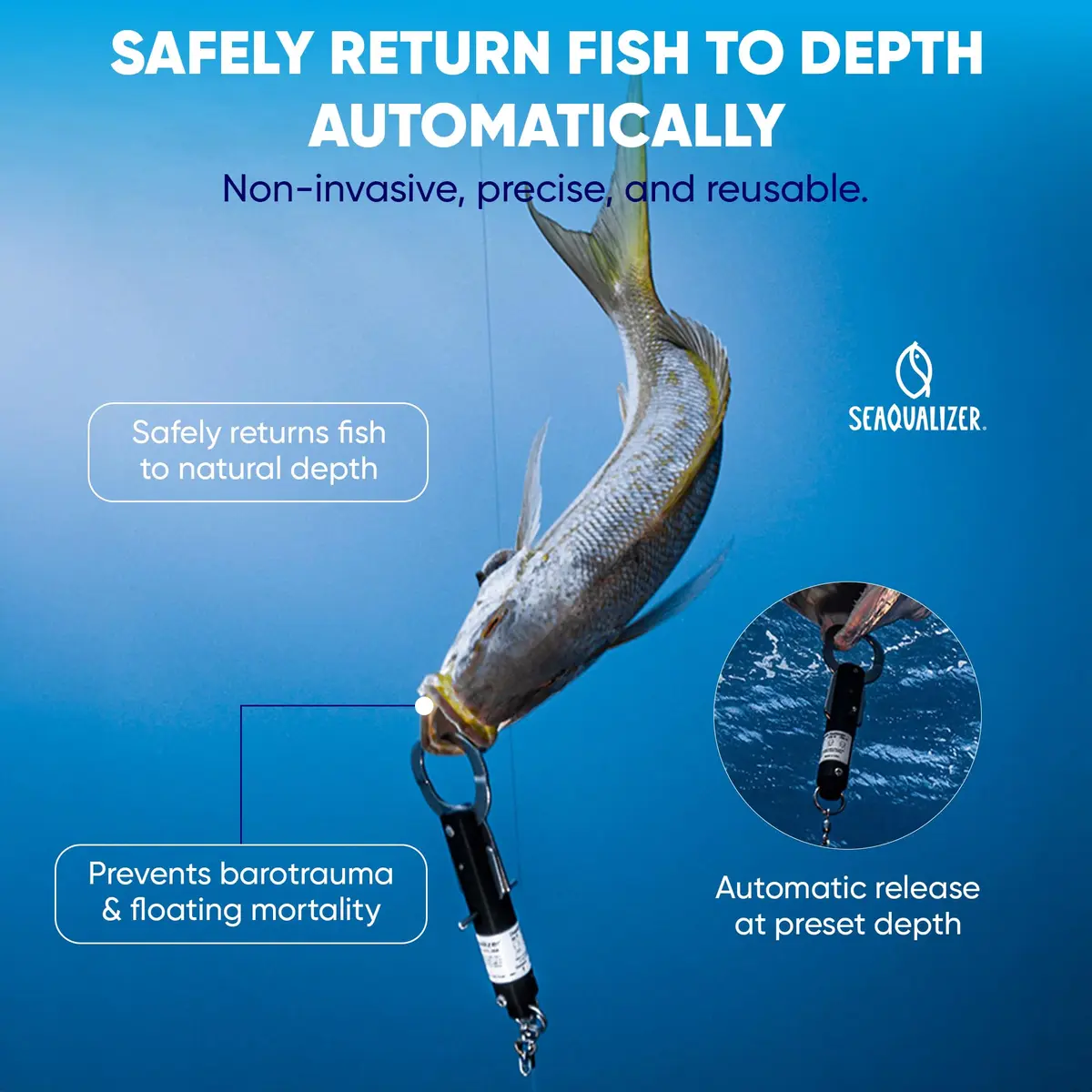 SeaQualizer Fish Descending Device – 3 Setting Release Device for Fishing – Non-Invasive and Reusable Fish Release Tool – NOAA Compliant - Made in USA (100, 200, 300 Feet Release) - view 2