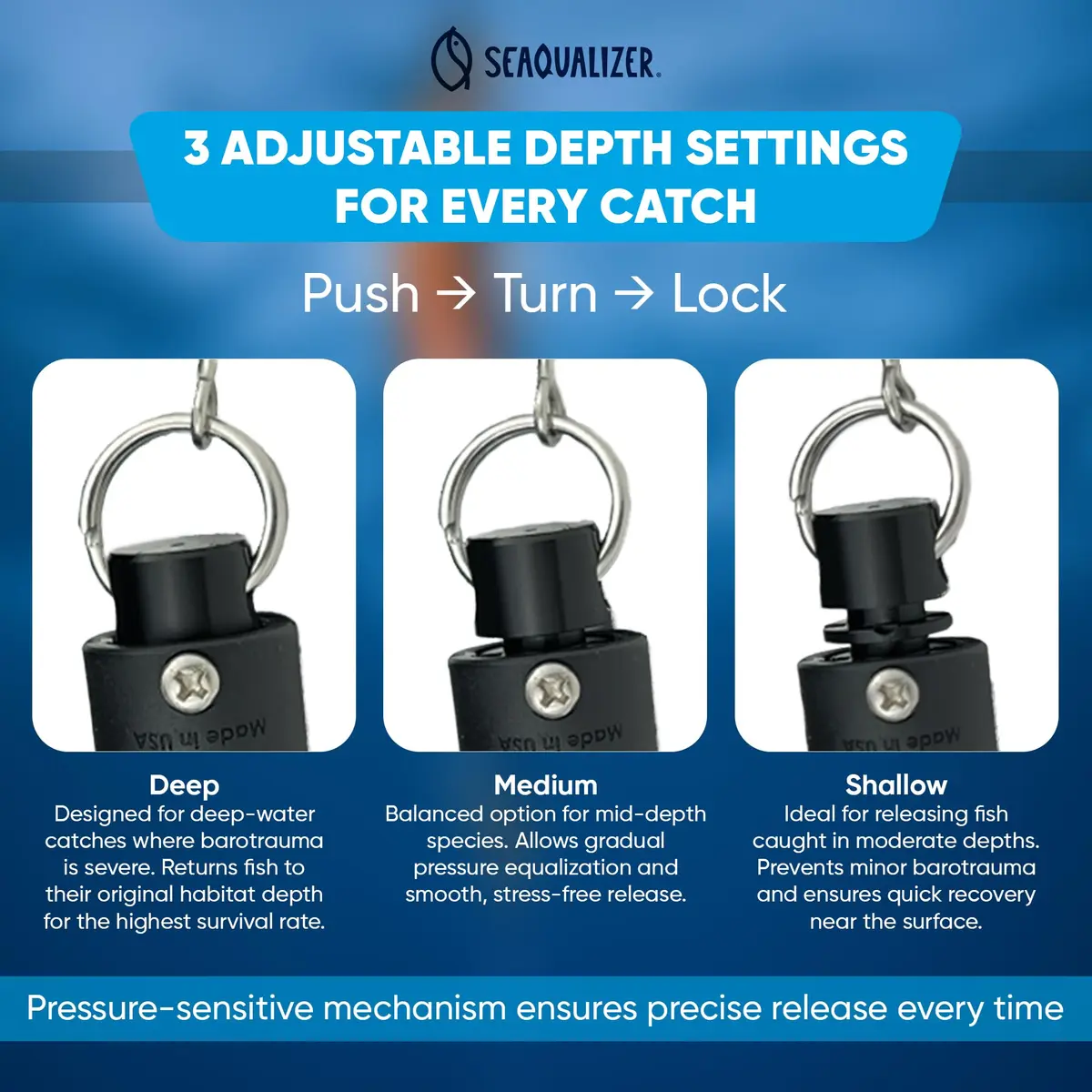 SeaQualizer Fish Descending Device – 3 Setting Release Device for Fishing – Non-Invasive and Reusable Fish Release Tool – NOAA Compliant - Made in USA (100, 200, 300 Feet Release) - view 4