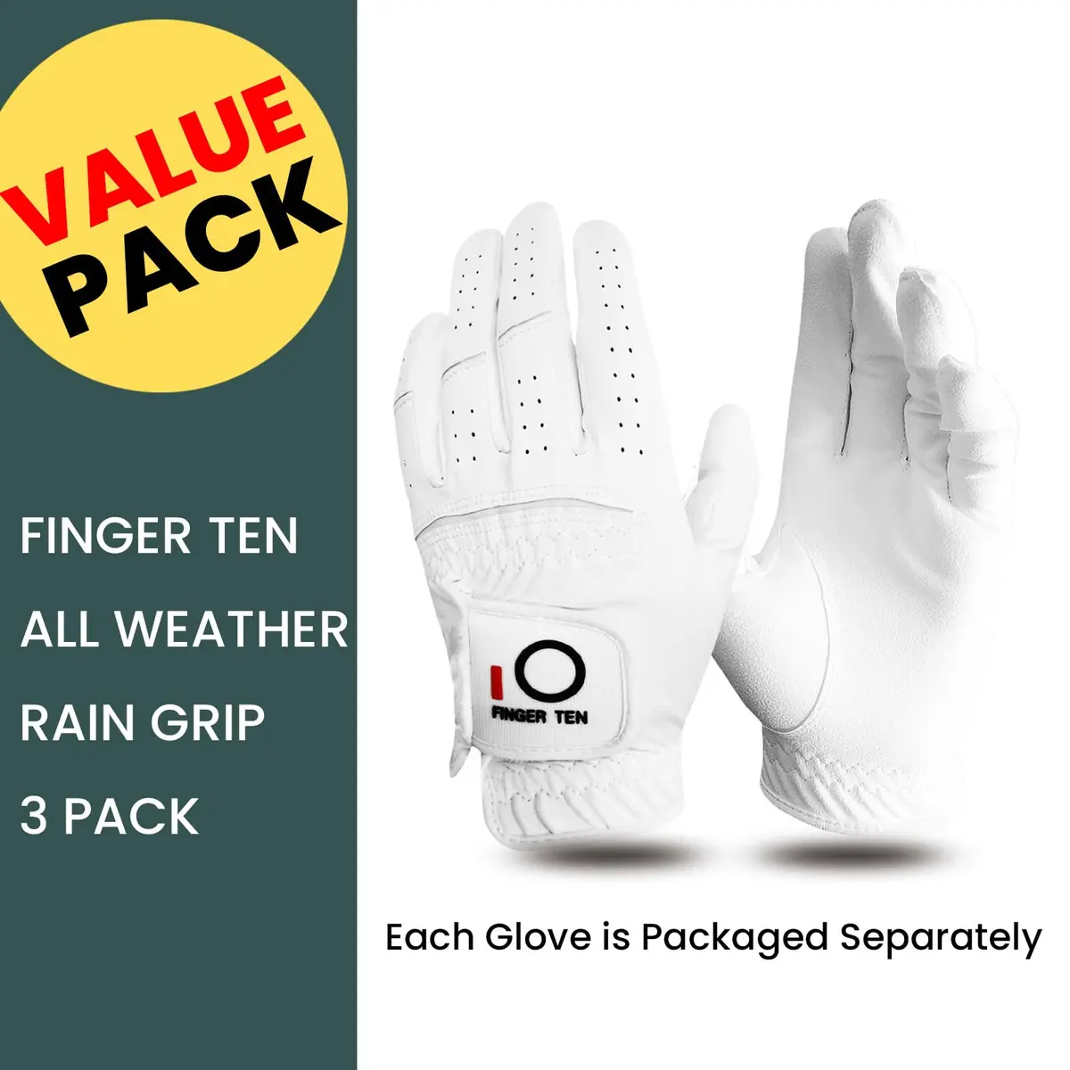 FINGER TEN All Weather Grip Golf Gloves Men 3 Pack (White, Medium, Left) | Wet & Dry Performance - view 2