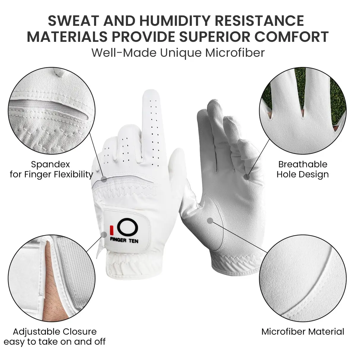 FINGER TEN All Weather Grip Golf Gloves Men 3 Pack (White, Medium, Left) | Wet & Dry Performance - view 3