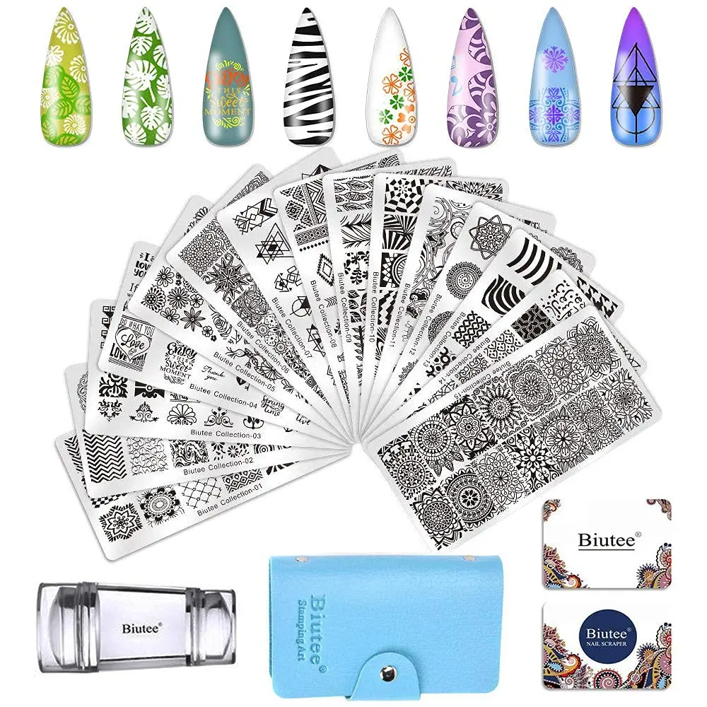Biutee 19pcs Nail Art Stamping Plates Set with Stamper & Scraper | 15 Plates for Leaves, Flowers, Animals - view 8