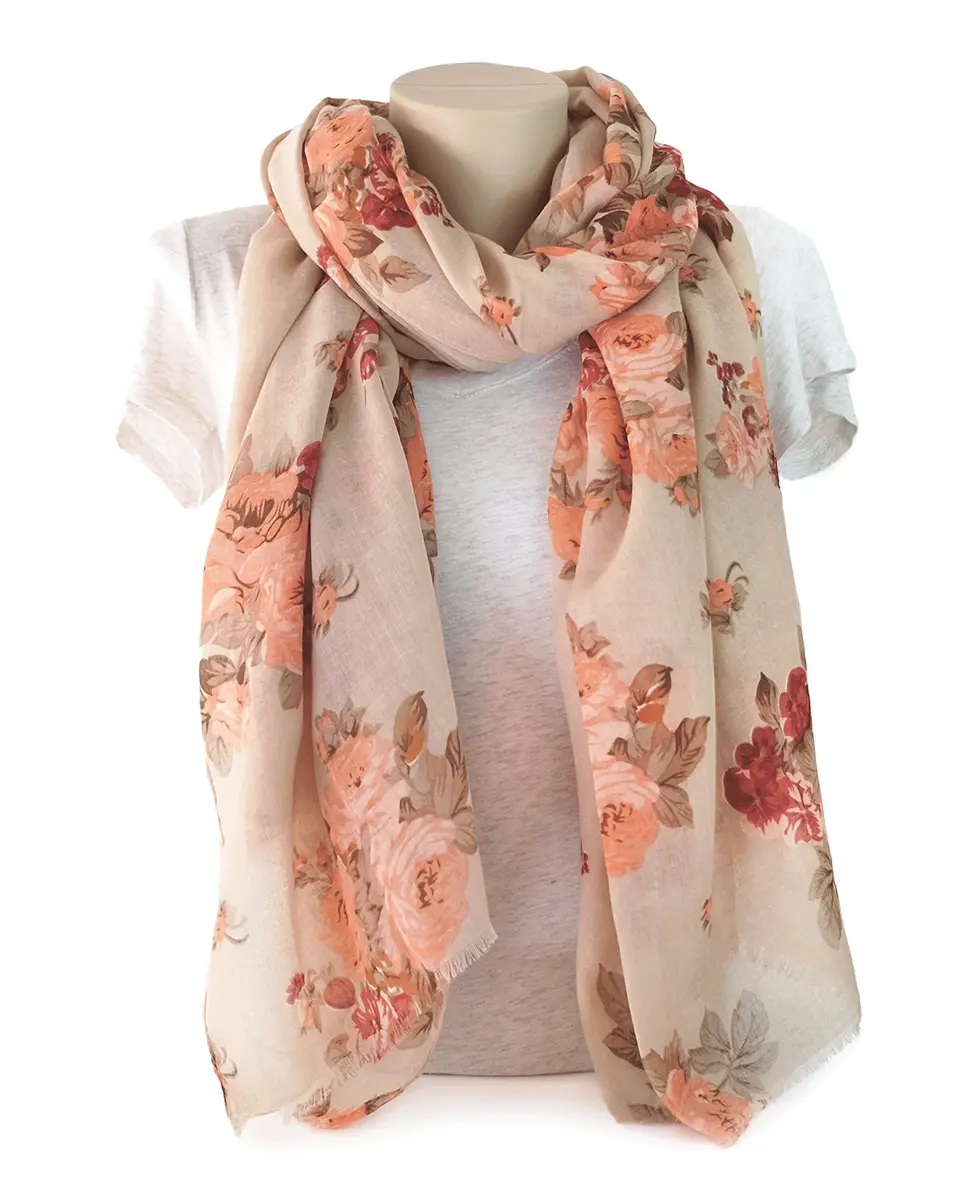 MIMOSITO Lightweight Floral Flower Scarf for Women | Elegant Fall & Winter Wrap (Beige-Peach Rose) - view 4