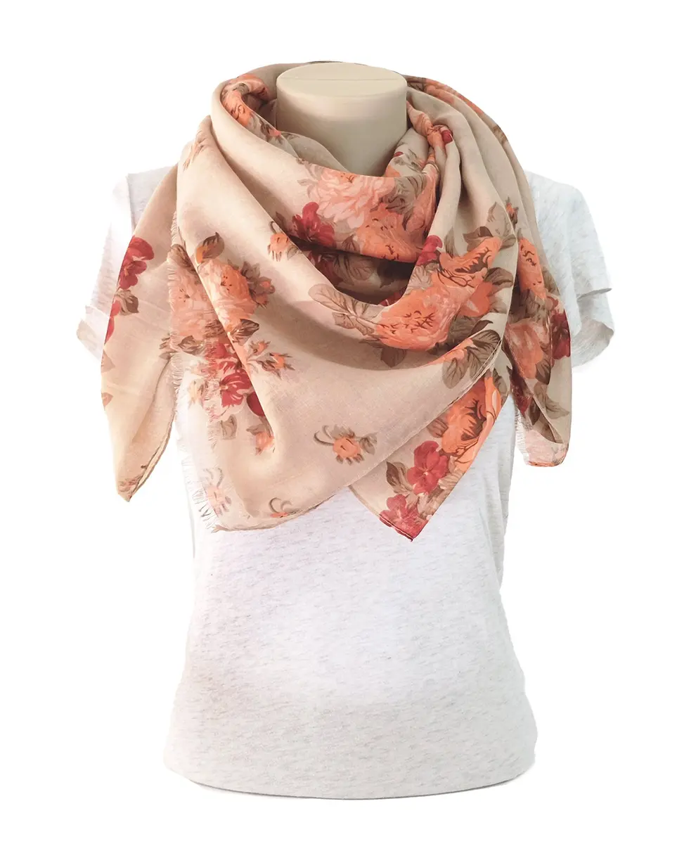 MIMOSITO Lightweight Floral Flower Scarf for Women | Elegant Fall & Winter Wrap (Beige-Peach Rose) - view 5