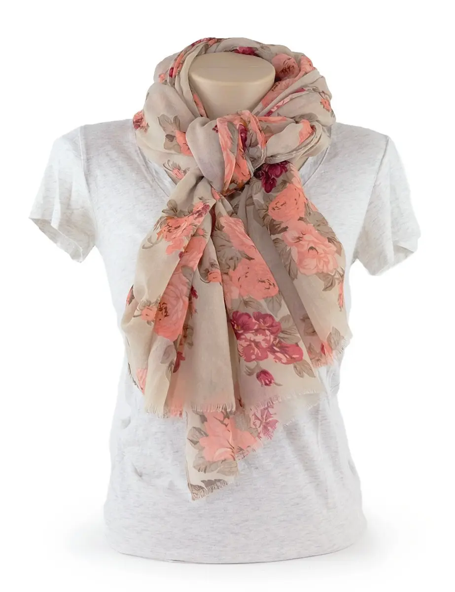 MIMOSITO Lightweight Floral Flower Scarf for Women | Elegant Fall & Winter Wrap (Beige-Peach Rose) - view 3