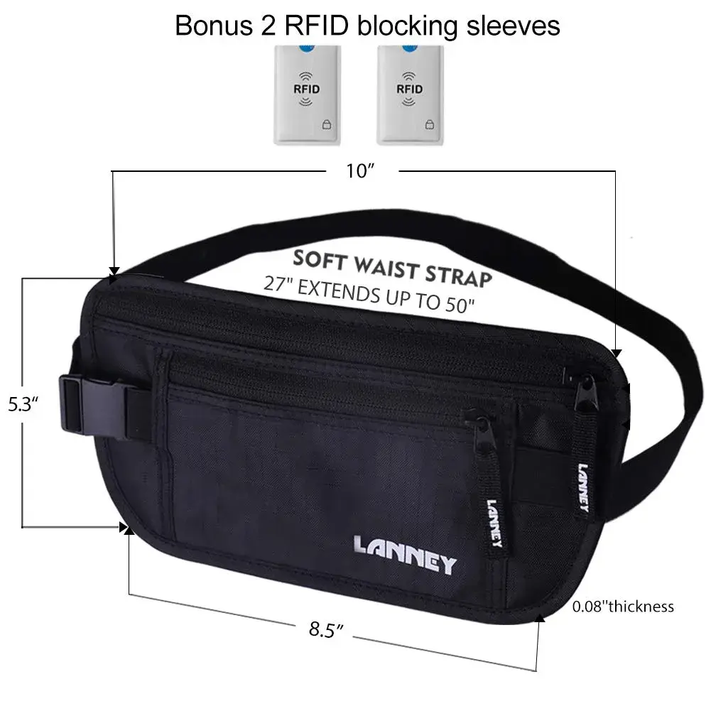 LANNEY Slim RFID Blocking Travel Money Belt with 2 RFID Sleeves | Hidden Passport Holder for Cash & Documents (Black, Unisex) - view 6