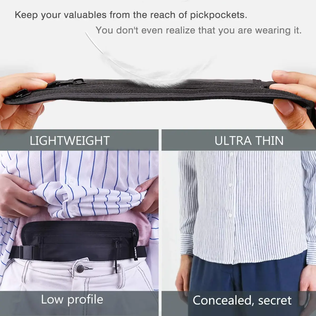 LANNEY Slim RFID Blocking Travel Money Belt with 2 RFID Sleeves | Hidden Passport Holder for Cash & Documents (Black, Unisex) - view 3