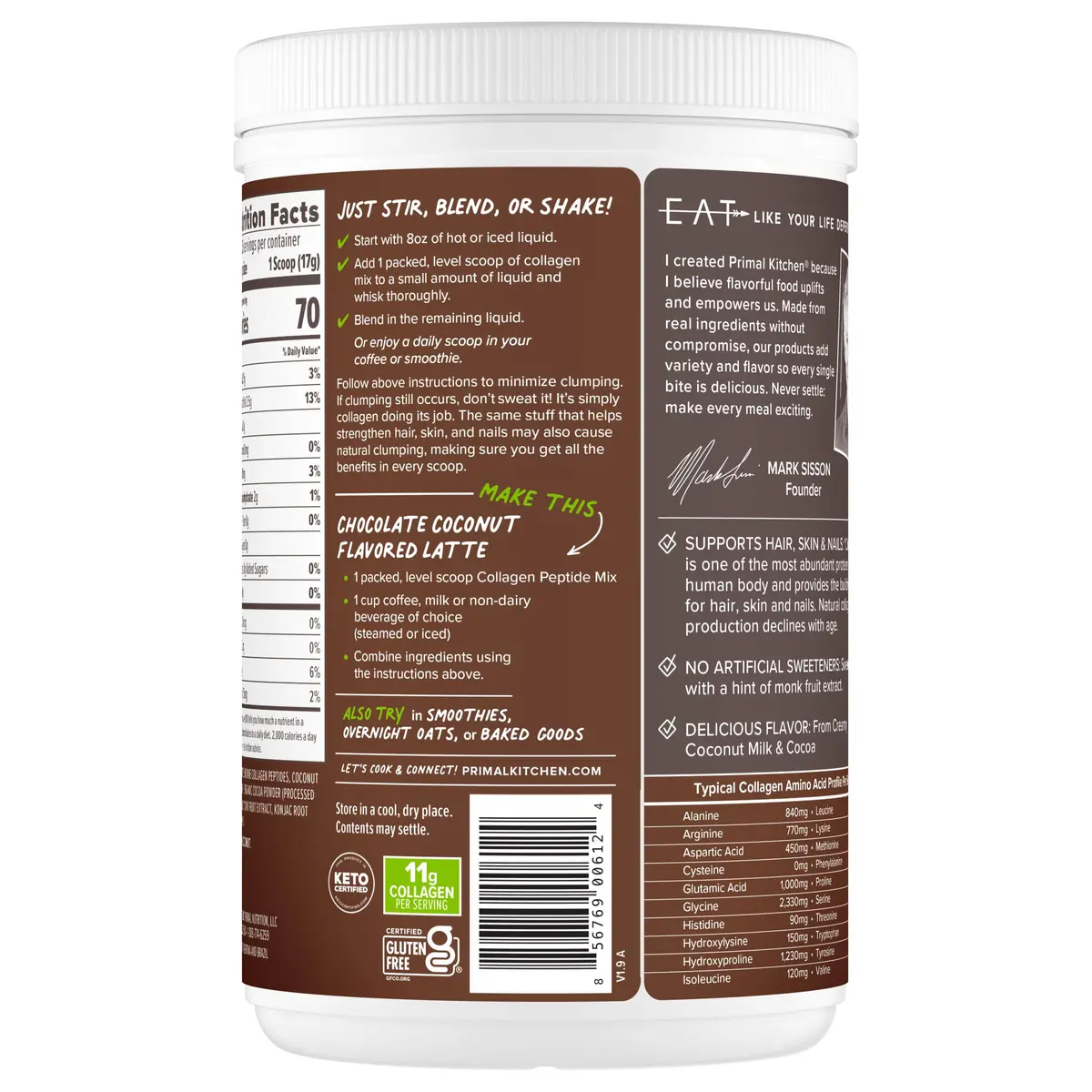 Primal Kitchen Chocolate Coconut Collagen Fuel Drink Mix 15oz (425g) | 11g Collagen Peptides Per Serving - view 6