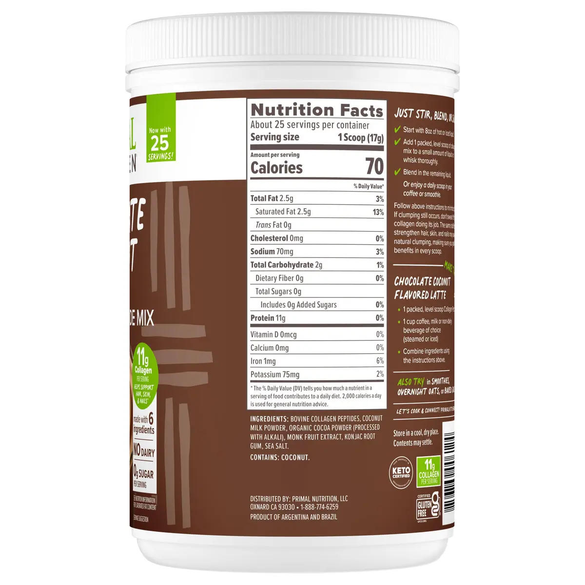 Primal Kitchen Chocolate Coconut Collagen Fuel Drink Mix 15oz (425g) | 11g Collagen Peptides Per Serving - view 9