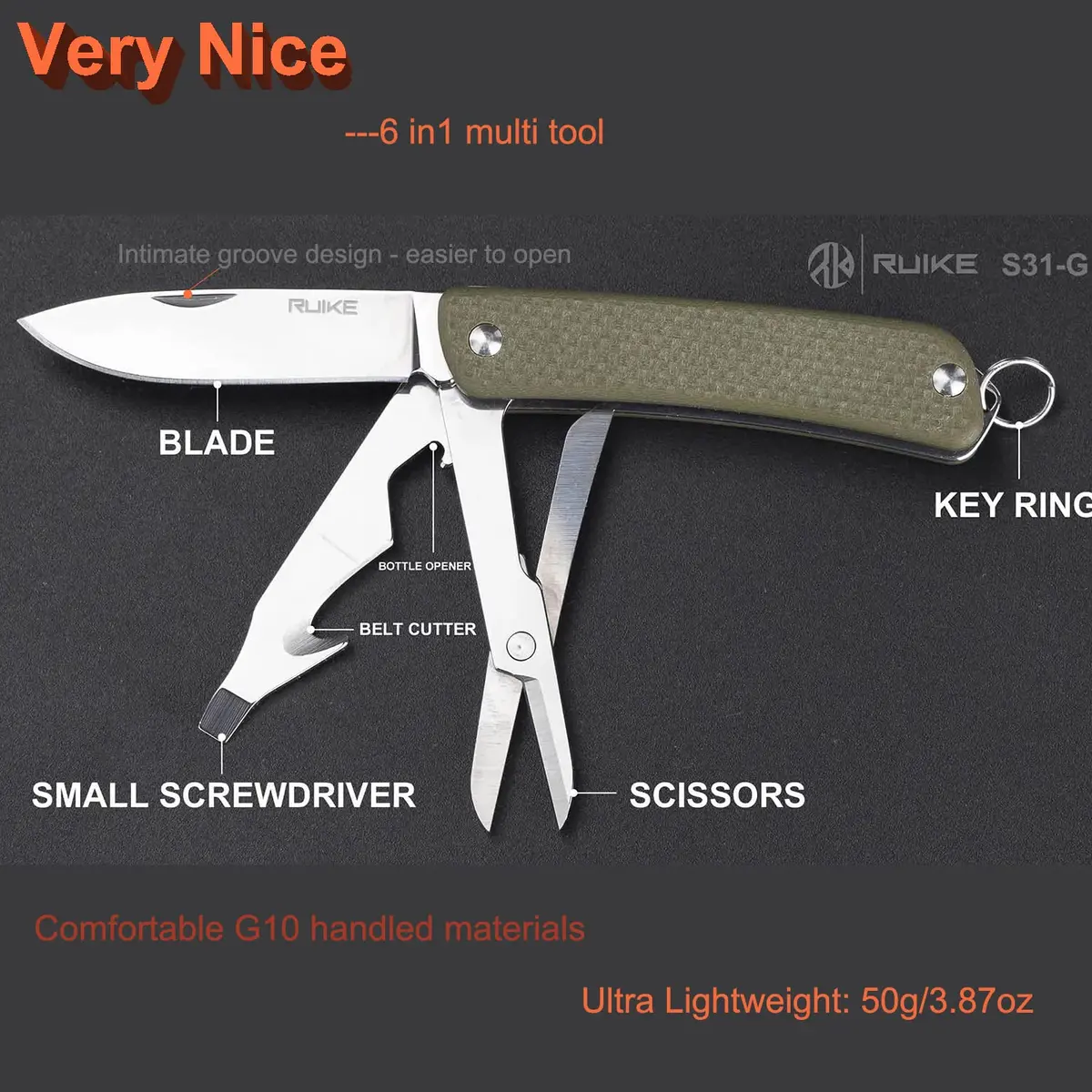 Ruike Small Pocket Knife Multitool 6 in 1 | High-Performance 12C27 Steel, G10 Handle, Compact & Versatile - view 7