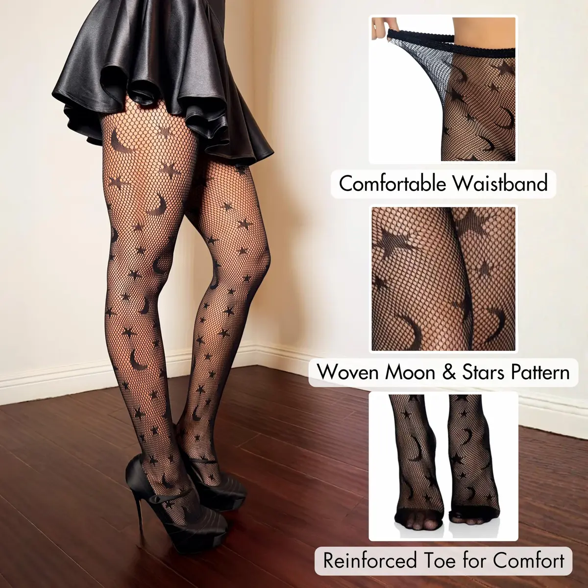 Leg Avenue Dark Alternative Fishnet Tights 20D | Celestial Pattern, One Size, Edgy & Comfortable Fit - view 4
