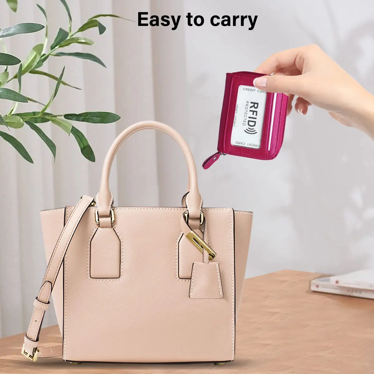 ZHOMA RFID Blocking Genuine Leather Credit Card Case Holder Security Travel Wallet - Rose | Protects Cards from RFID Scans - view 6