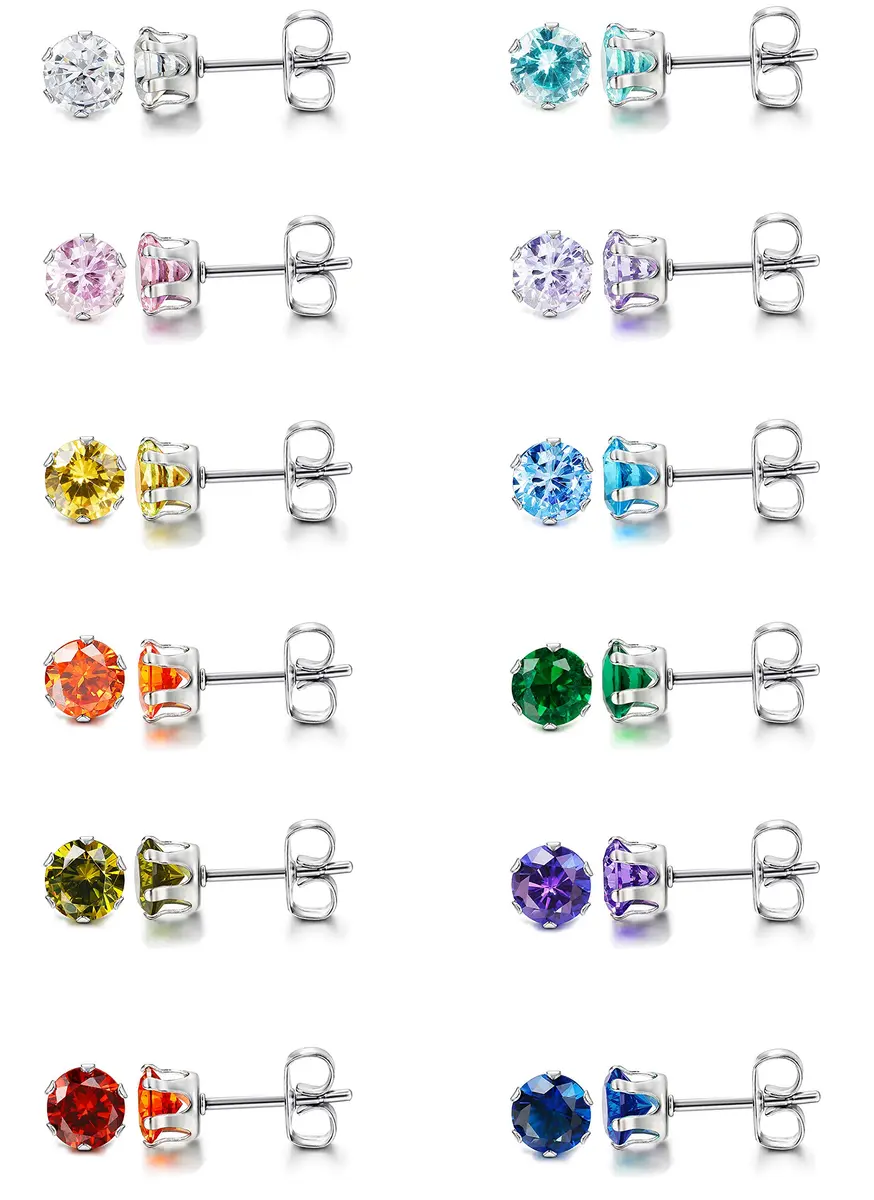 LOYALLOOK 12 Pairs Stainless Steel Cubic Zirconia Stud Earrings | Birthstone Set for Women - main product image