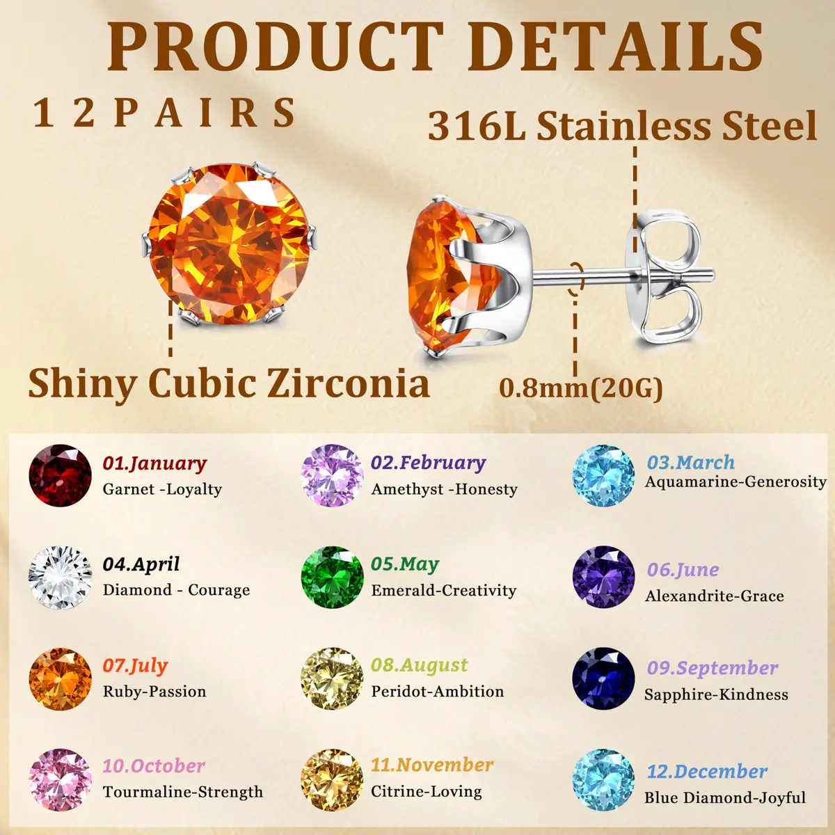 LOYALLOOK 12 Pairs Stainless Steel Cubic Zirconia Stud Earrings | Birthstone Set for Women - view 2