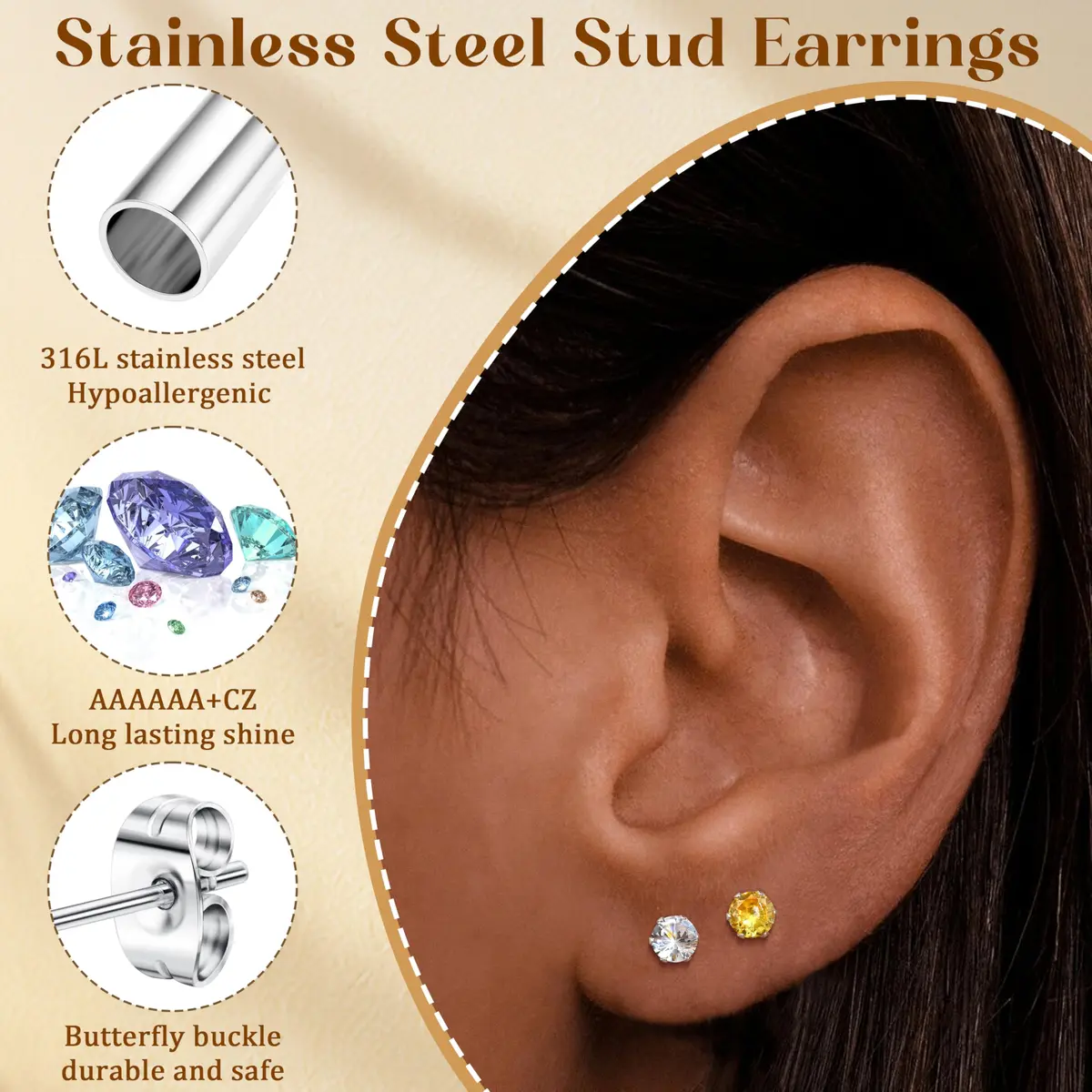 LOYALLOOK 12 Pairs Stainless Steel Cubic Zirconia Stud Earrings | Birthstone Set for Women - view 3