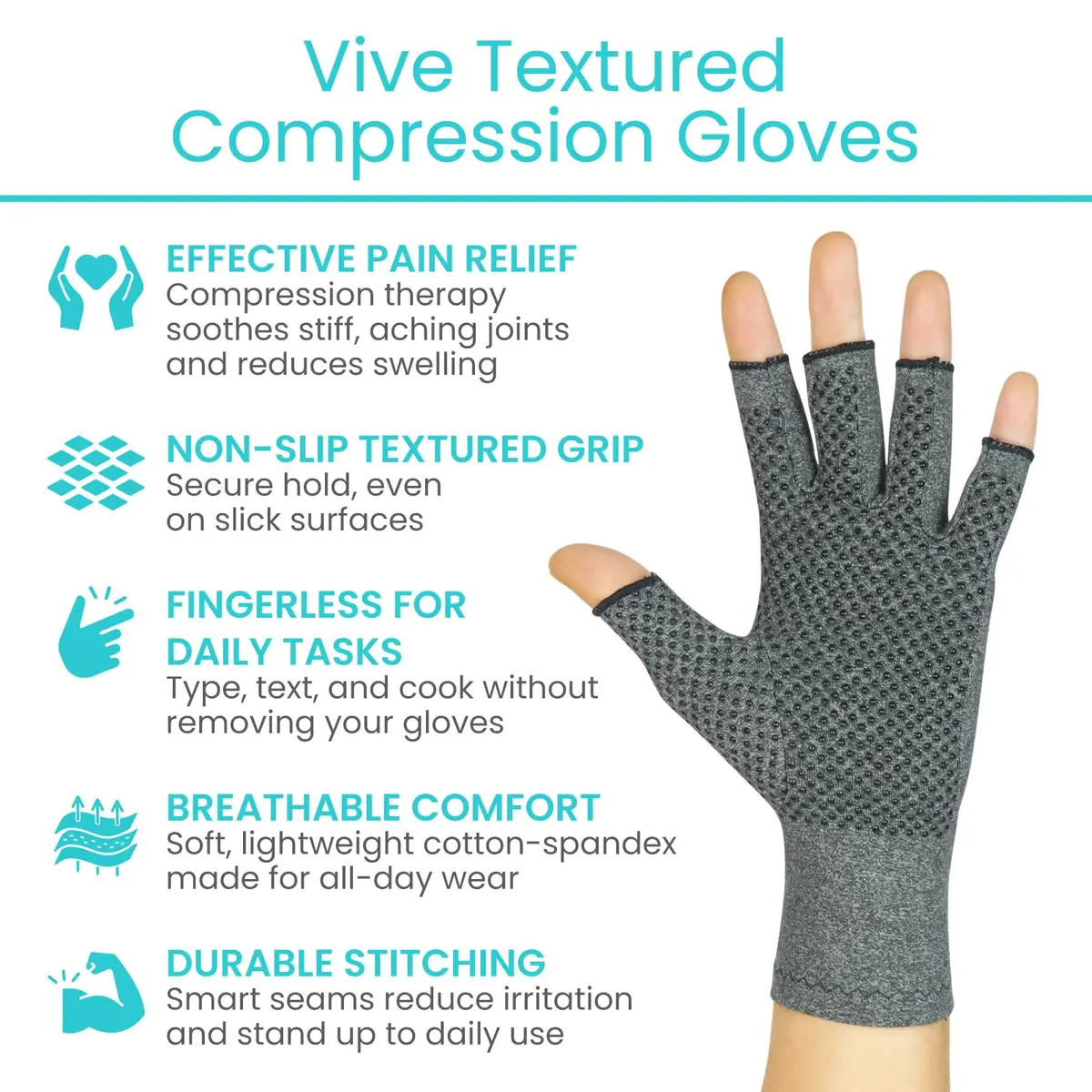 Vive Fingerless Compression Gloves for Arthritis - Textured Grip Men, Women | Support & Mobility - view 2