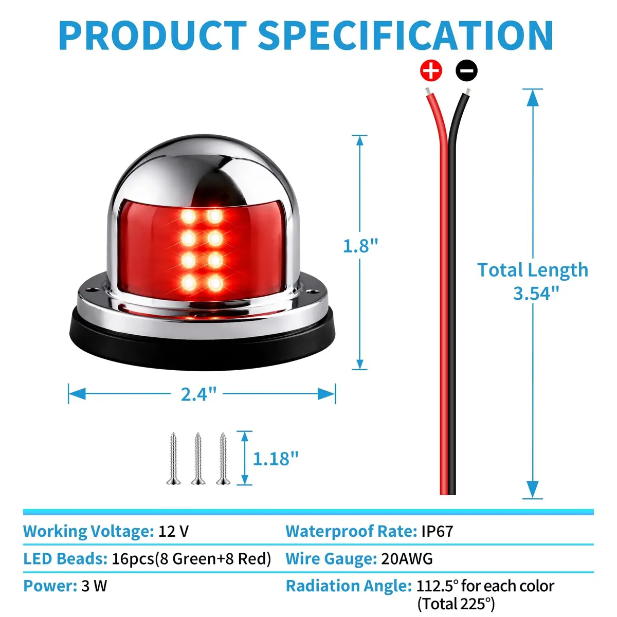 Obcursco LED Red and Green Boat Navigation Lights for Boats up to 40ft | IP67 Waterproof, 12V DC - view 7
