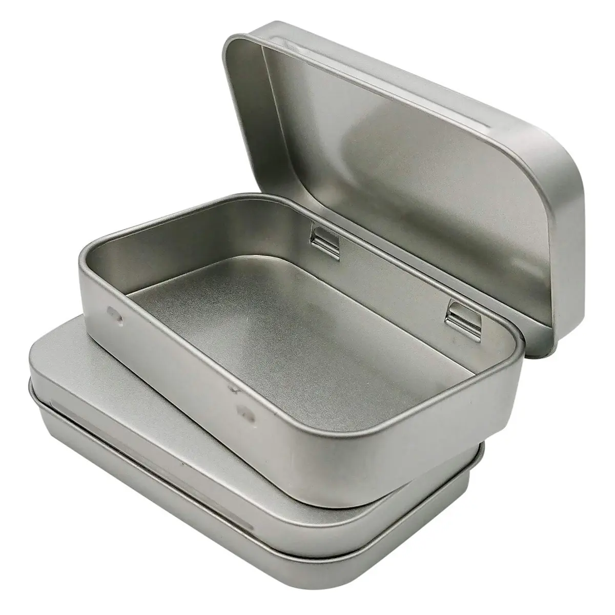Hulless Silver 2Pcs Small Hinged Tin Box Metal Tins Storage Containers | 9.4cm x 5.8cm x 2cm (2-Pack) - main product image