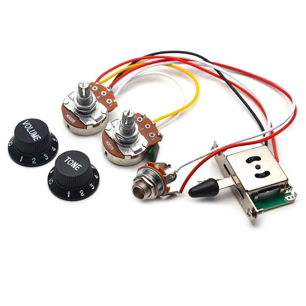 SAPHUE Guitar Wiring Harness Set Prewired 500K Big Pots 5 Way Switch with Black Knobs for Electric Guitar - main product image