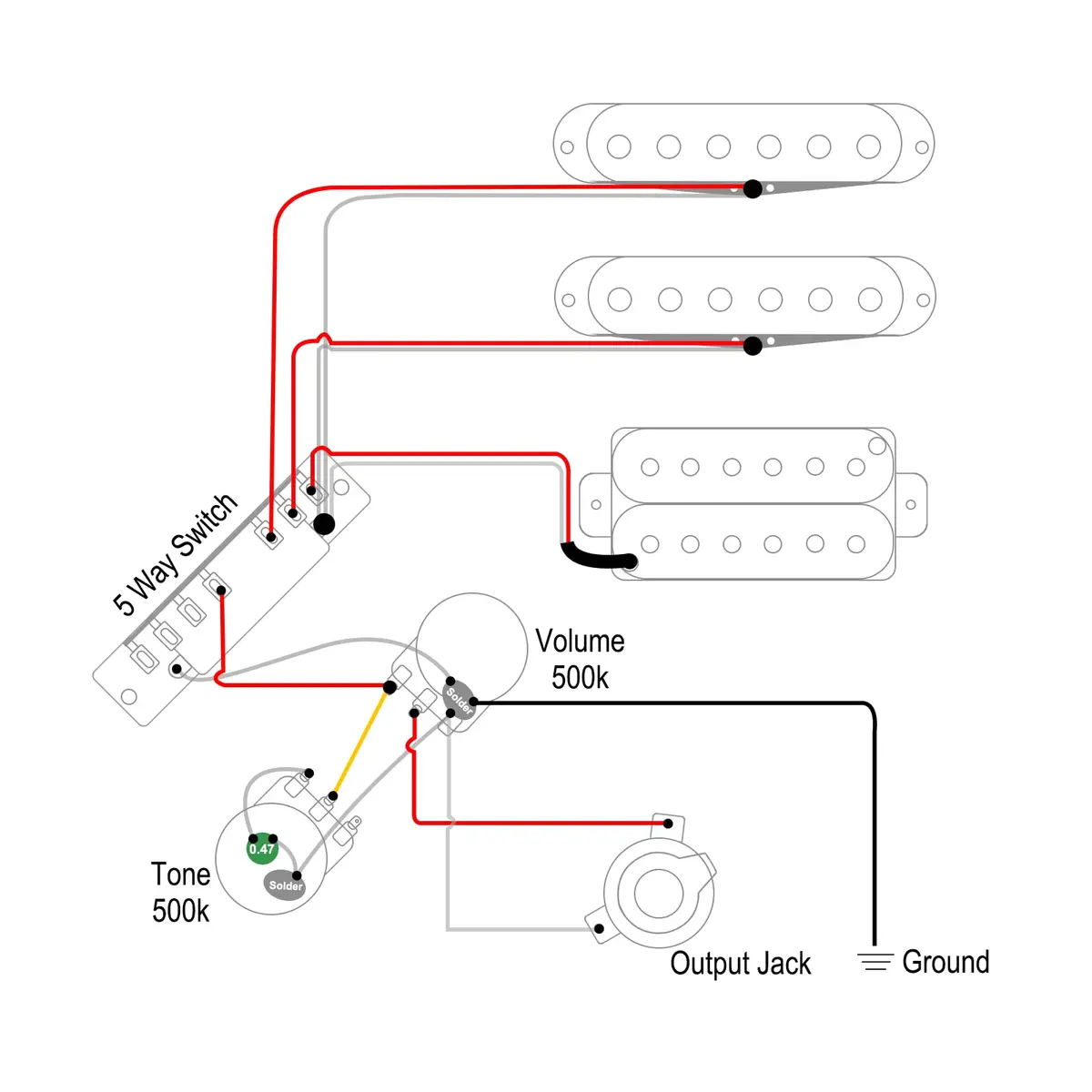 SAPHUE Guitar Wiring Harness Set Prewired 500K Big Pots 5 Way Switch with Black Knobs for Electric Guitar - view 7