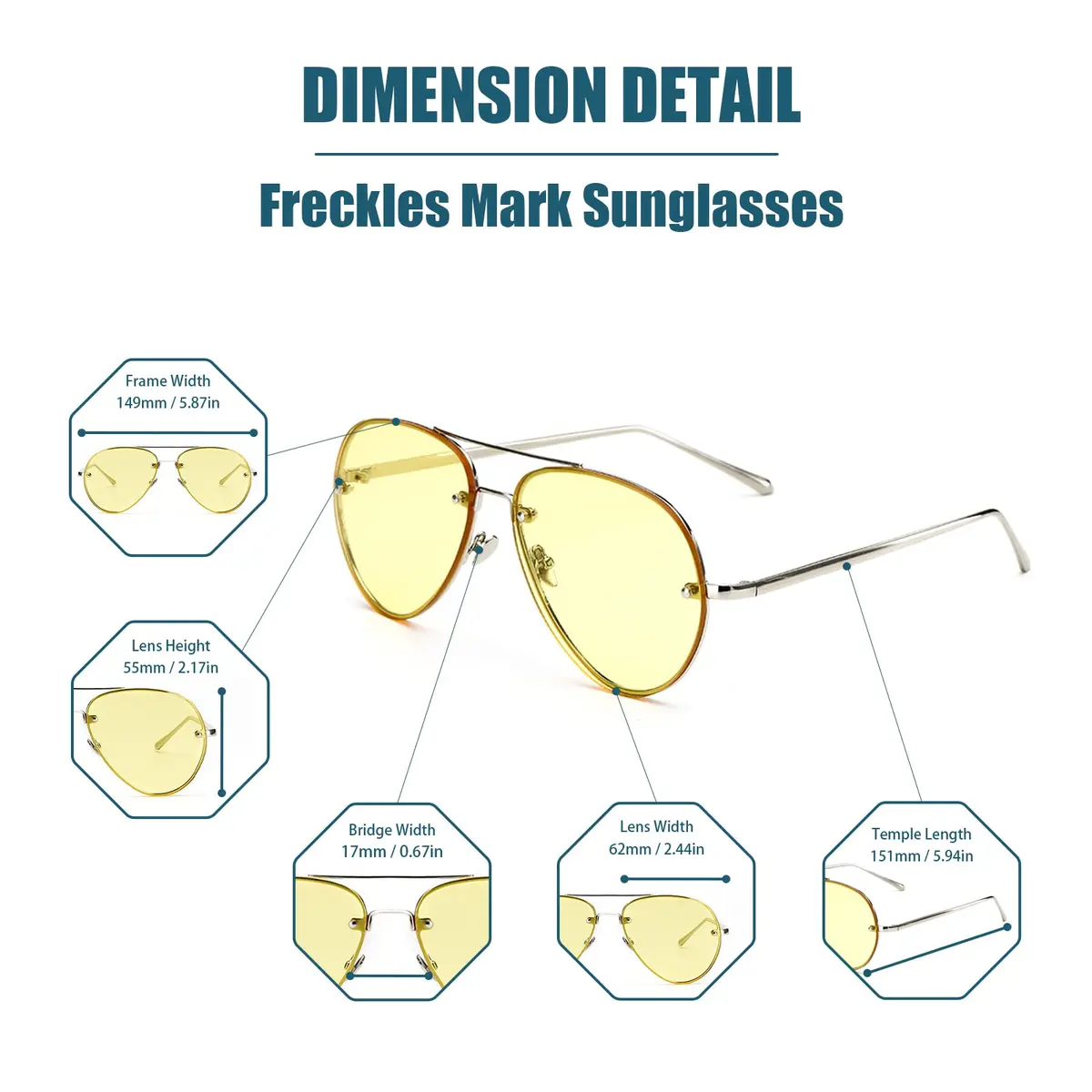 Freckles Mark Classic Oversized Aviator Sunglasses Gold Yellow 62mm | UV400 Protection - view 5