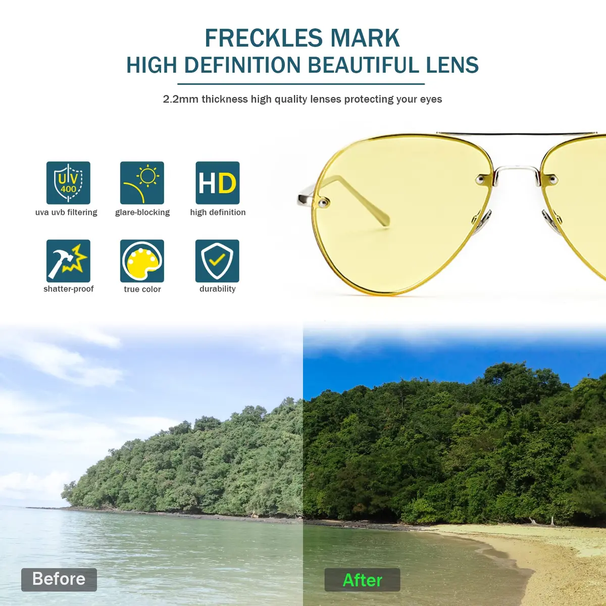Freckles Mark Classic Oversized Aviator Sunglasses Gold Yellow 62mm | UV400 Protection - view 6
