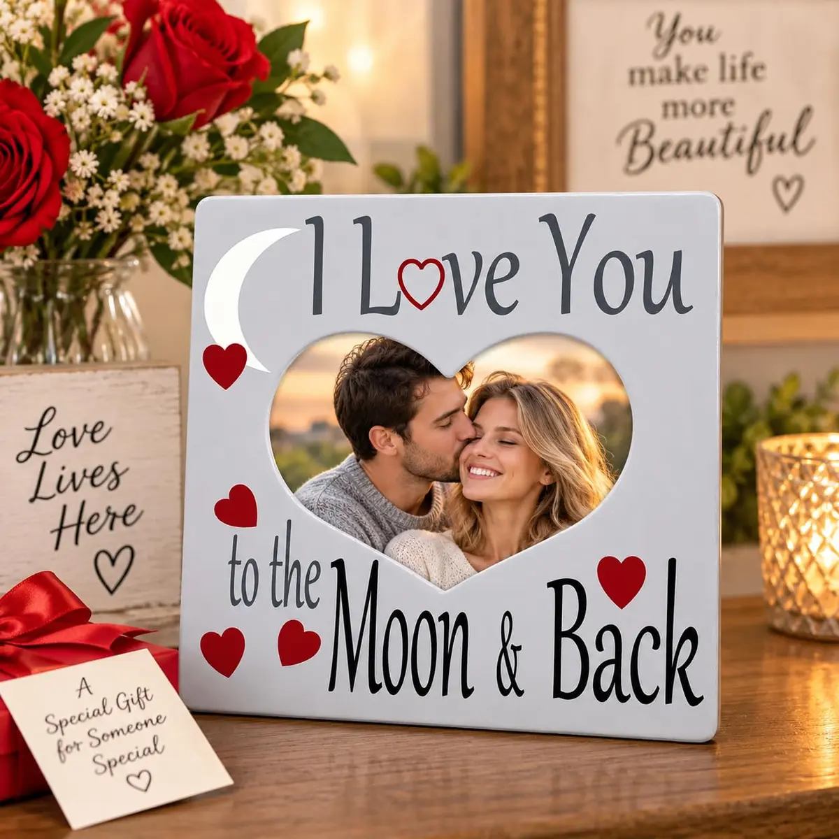 BANBERRY DESIGNS I Love You to the Moon and Back Photo Frame | Heart Shaped Romantic Gift for Her, 8x8 - view 2